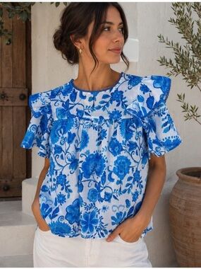 NEW Versona Blue Floral Blouse Medium Boho Ruffle Sleeve Summer Lightweight